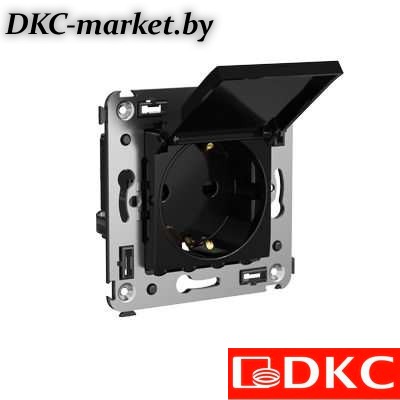 4402013 Розетка с крышкой в стену, 2P+E, с з/ш, "Avanti", "Черный квадрат"